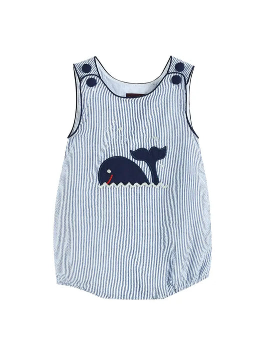 Blue Seersucker Whale Romper