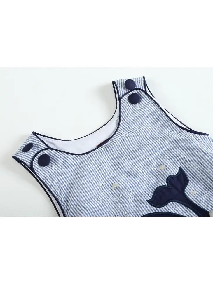 Blue Seersucker Whale Romper