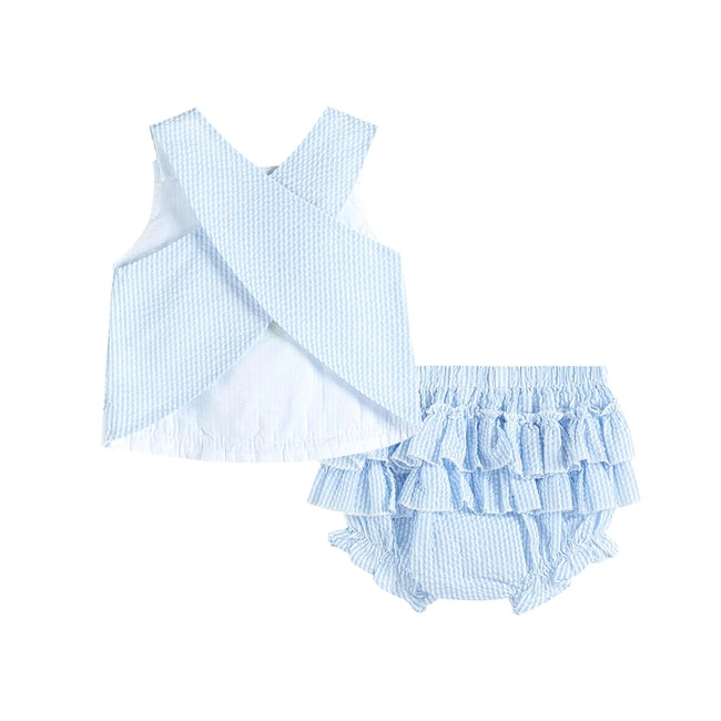 Light Blue Seersucker Turtle Top and Bloomer Set