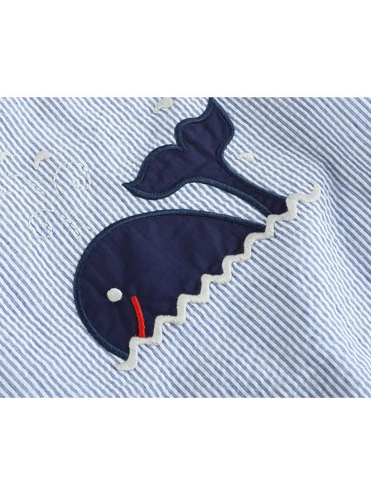 Blue Seersucker Whale Romper