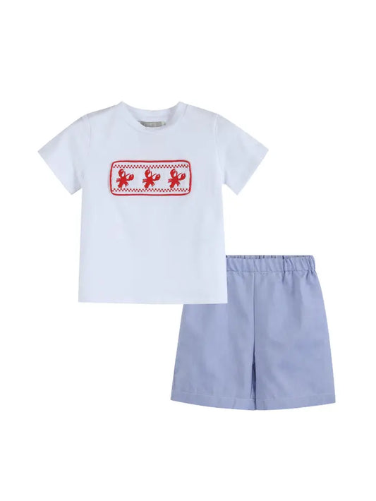 White Crawfish Smocked Tee and Denim Look Shorts Set