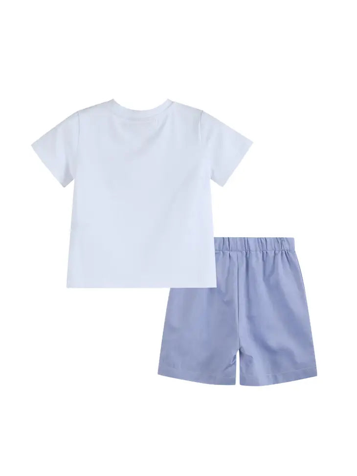 White Crawfish Smocked Tee and Denim Look Shorts Set