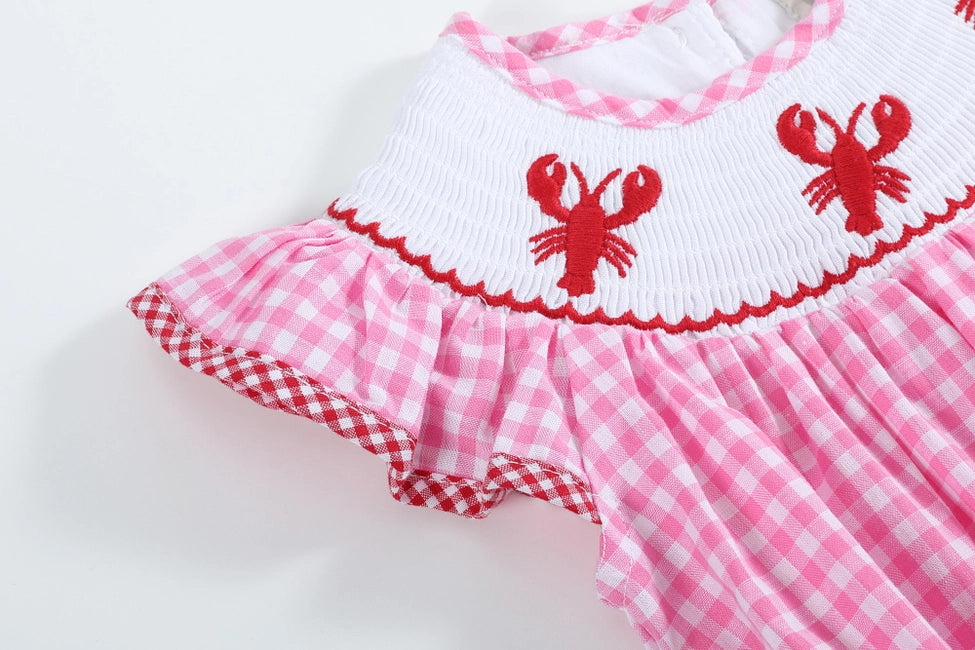 Pink Gingham Crawfish Smocked Romper