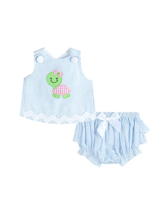 Light Blue Seersucker Turtle Top and Bloomer Set